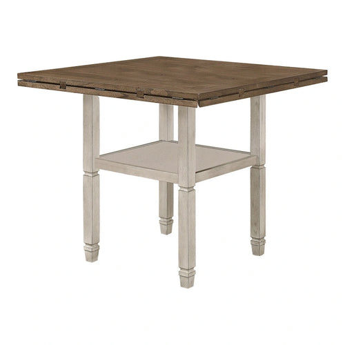 52-60 Inch Counter Height Table, Open Bottom Shelf, 4 Drop Leaves, Brown