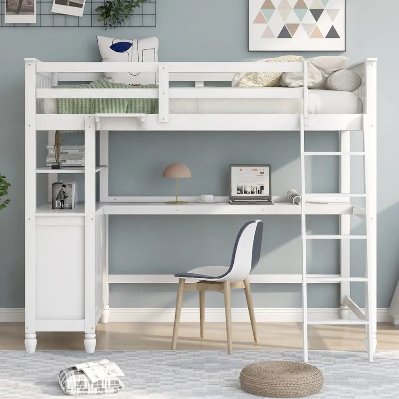 Lit mezzanine 1 place avec bureau et commode, lit mezzanine en bois avec tiroirs et étagères de rangement pour enfants et adolescents, garçons et filles