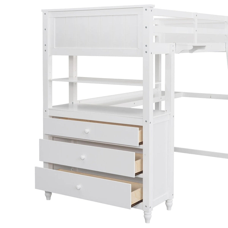 Twin Size Loft Bed with Desk and Dresser, Wooden Loft Bed with Storage Drawers and Shelves for Kids Teens Boys Girls