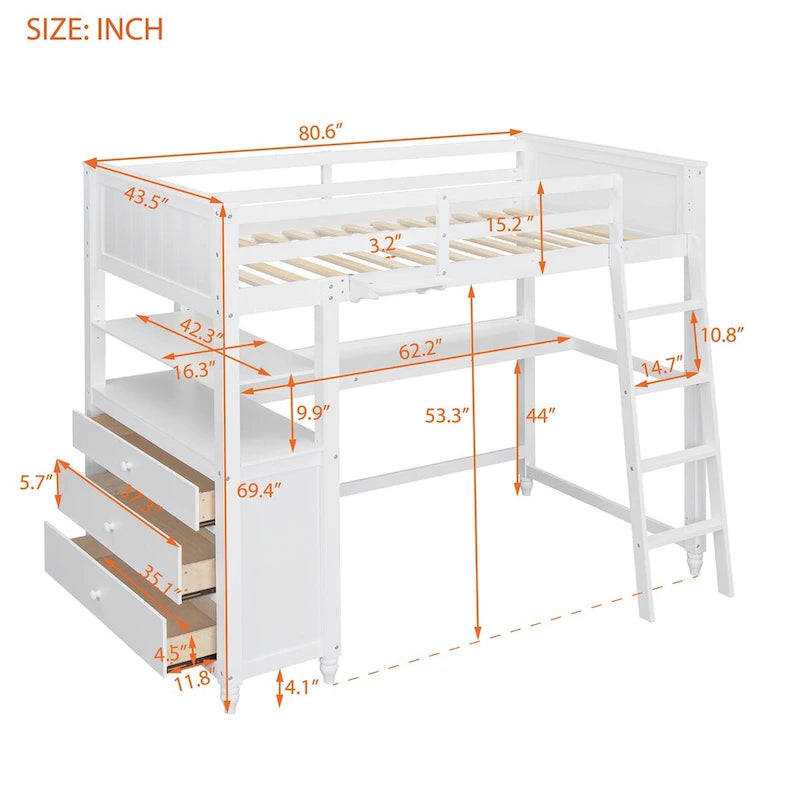 Lit mezzanine 1 place avec bureau et commode, lit mezzanine en bois avec tiroirs et étagères de rangement pour enfants et adolescents, garçons et filles