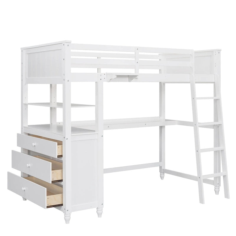 Lit mezzanine 1 place avec bureau et commode, lit mezzanine en bois avec tiroirs et étagères de rangement pour enfants et adolescents, garçons et filles