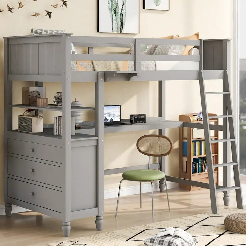 Lit mezzanine 1 place avec bureau et commode, lit mezzanine en bois avec tiroirs et étagères de rangement pour enfants et adolescents, garçons et filles