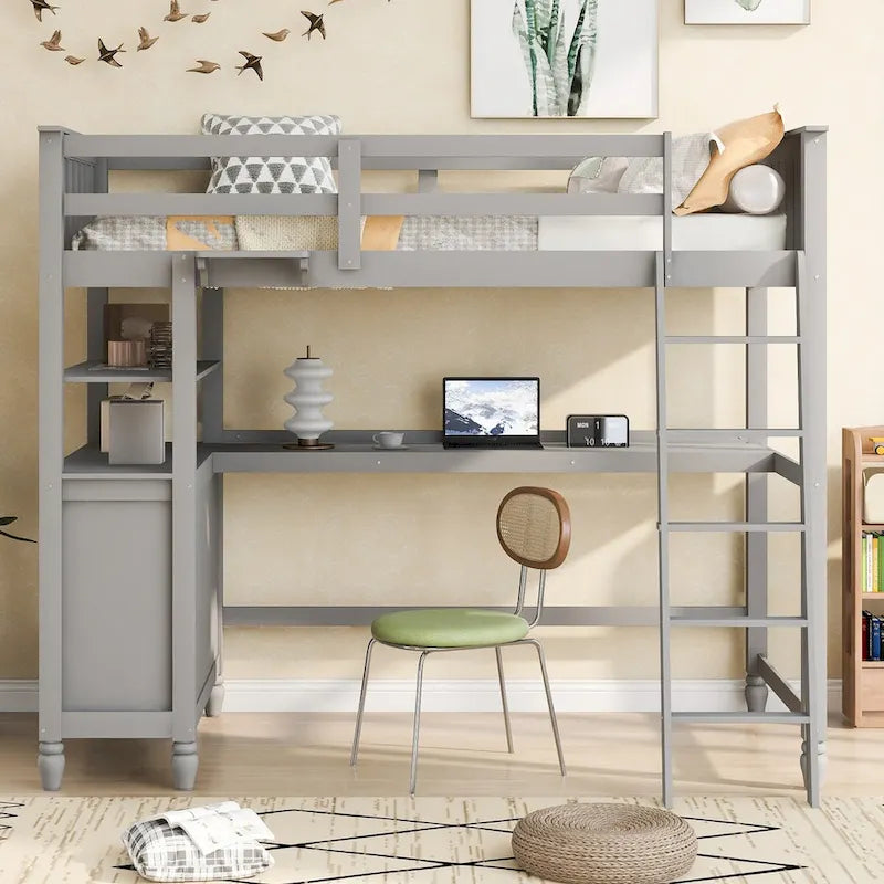 Lit mezzanine 1 place avec bureau et commode, lit mezzanine en bois avec tiroirs et étagères de rangement pour enfants et adolescents, garçons et filles