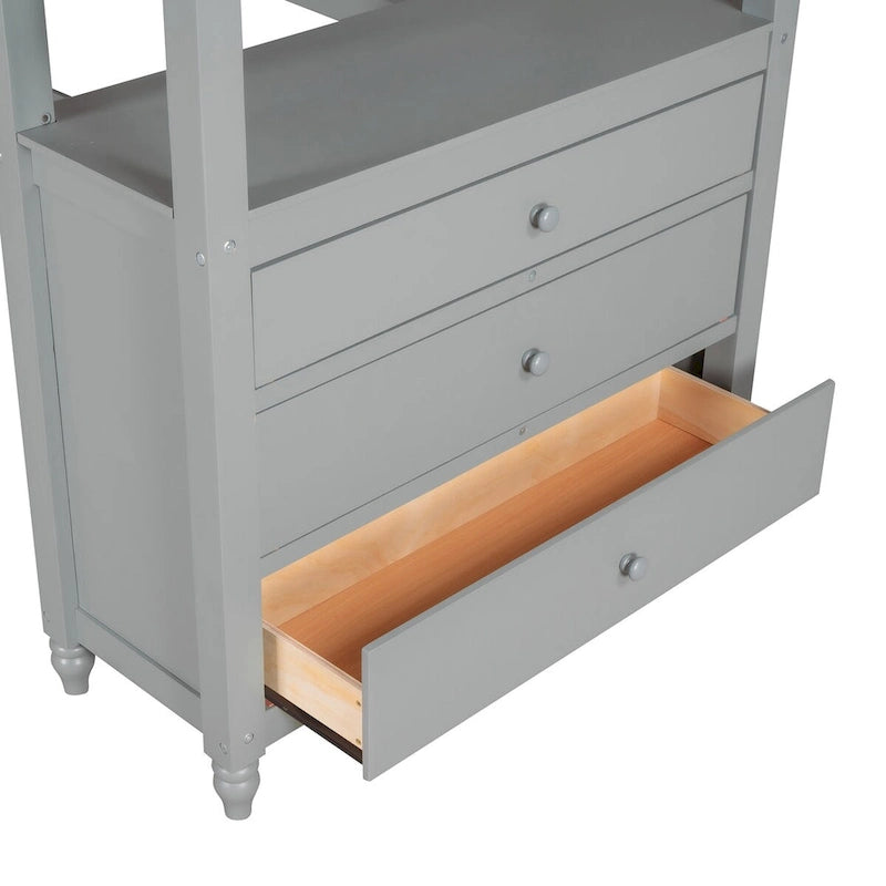 Lit mezzanine 1 place avec bureau et commode, lit mezzanine en bois avec tiroirs et étagères de rangement pour enfants et adolescents, garçons et filles