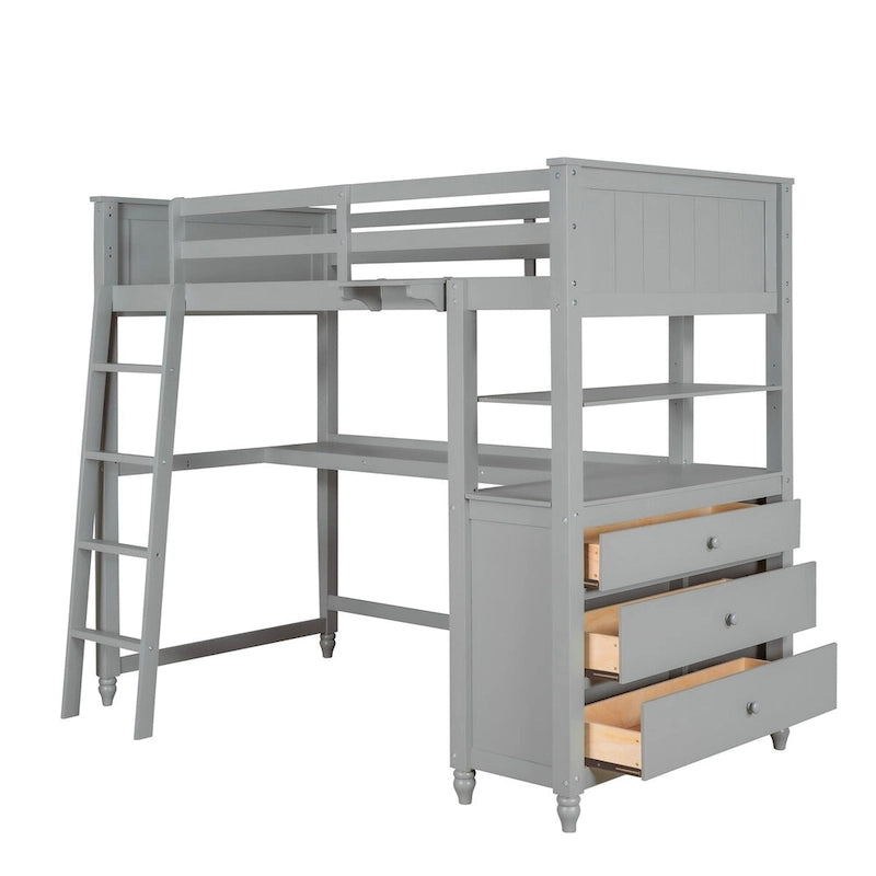 Lit mezzanine 1 place avec bureau et commode, lit mezzanine en bois avec tiroirs et étagères de rangement pour enfants et adolescents, garçons et filles