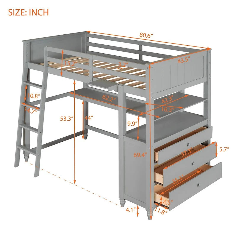 Lit mezzanine 1 place avec bureau et commode, lit mezzanine en bois avec tiroirs et étagères de rangement pour enfants et adolescents, garçons et filles