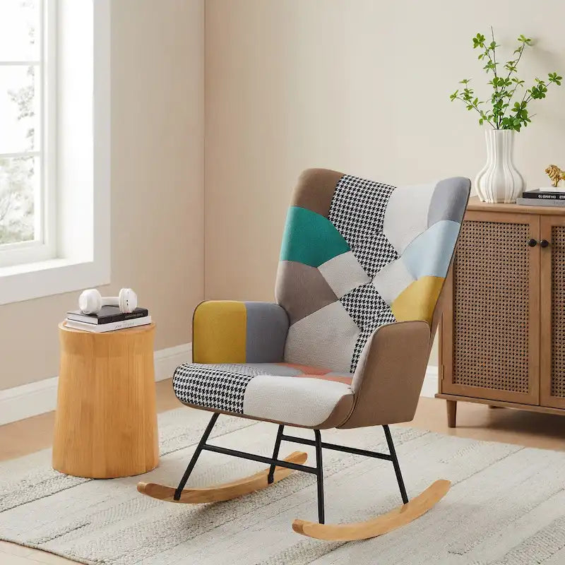 25.2" Wide French Patchwork Linen Nursery Rocking Chair with Wood Legs