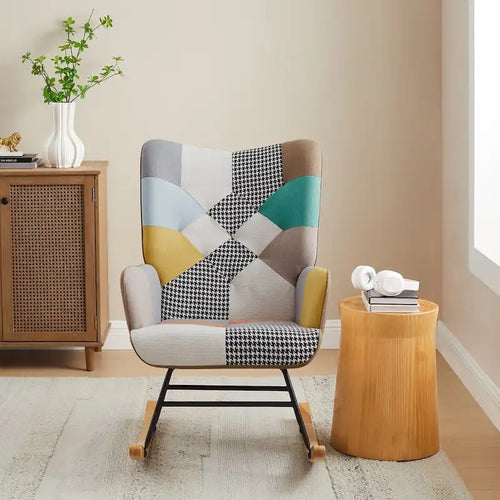 25.2" Wide French Patchwork Linen Nursery Rocking Chair with Wood Legs