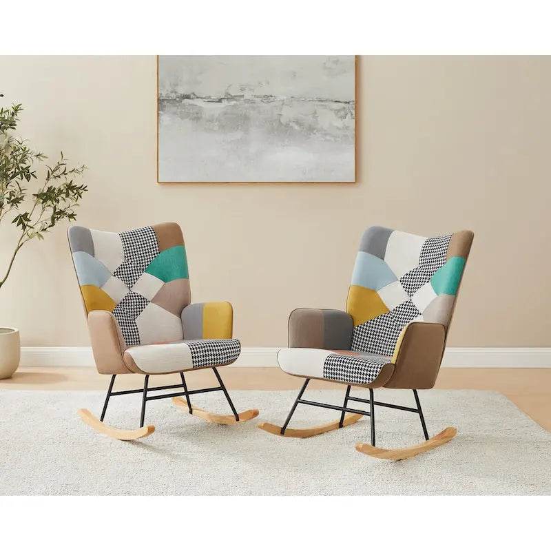 25.2" Wide French Patchwork Linen Nursery Rocking Chair with Wood Legs