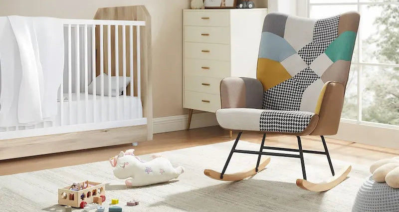 25.2" Wide French Patchwork Linen Nursery Rocking Chair with Wood Legs