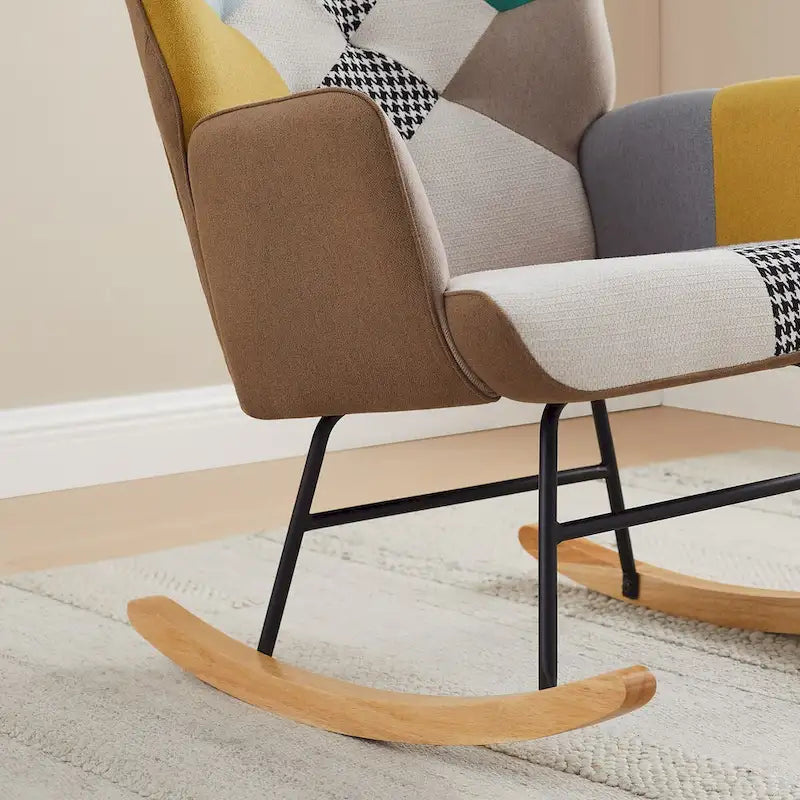 25.2" Wide French Patchwork Linen Nursery Rocking Chair with Wood Legs