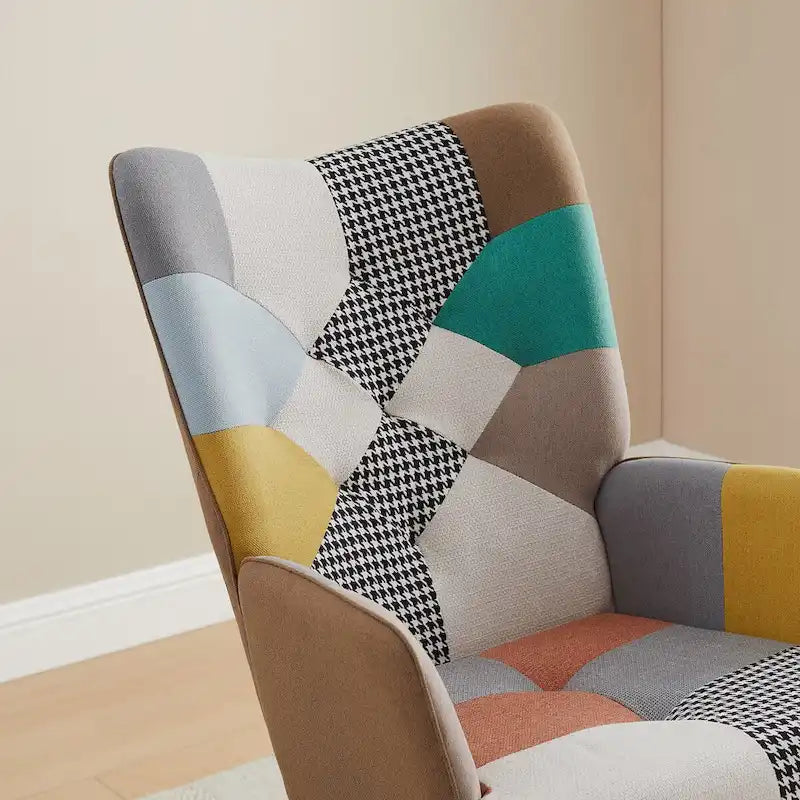 25.2" Wide French Patchwork Linen Nursery Rocking Chair with Wood Legs