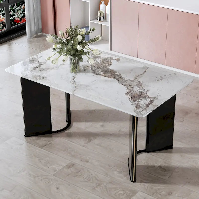 Rectangular Dining Table - White Marble Top with Gold Accent Legs