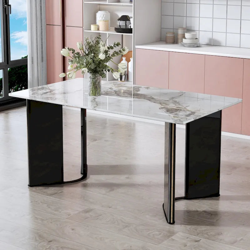 Rectangular Dining Table - White Marble Top with Gold Accent Legs