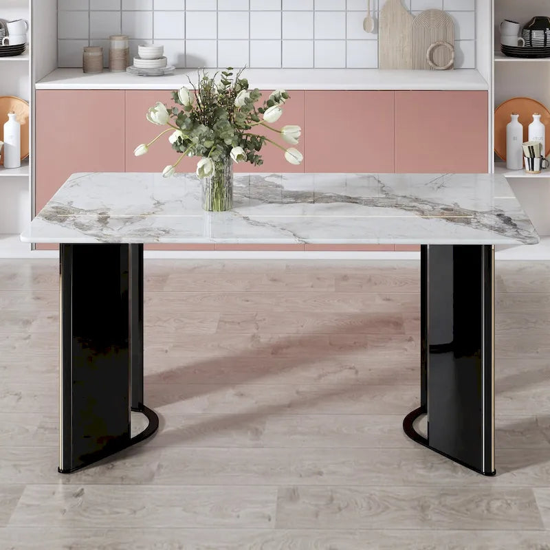 Rectangular Dining Table - White Marble Top with Gold Accent Legs