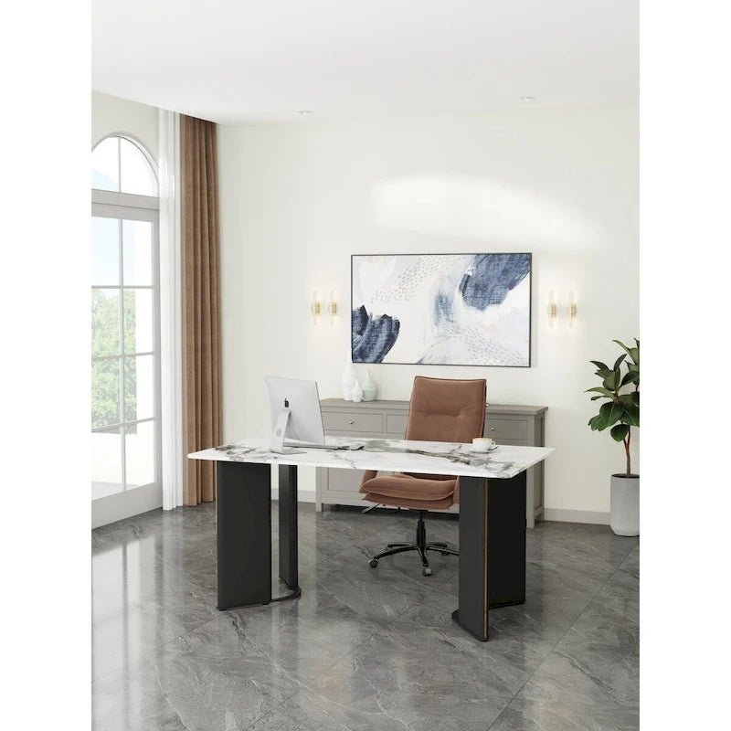 Rectangular Dining Table - White Marble Top with Gold Accent Legs