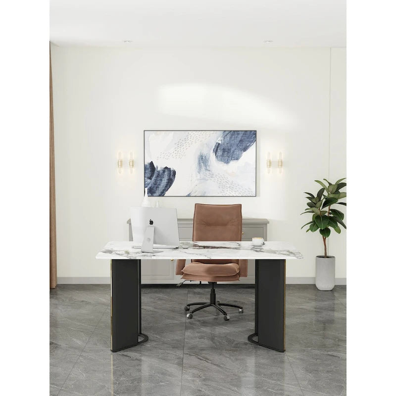 Rectangular Dining Table - White Marble Top with Gold Accent Legs