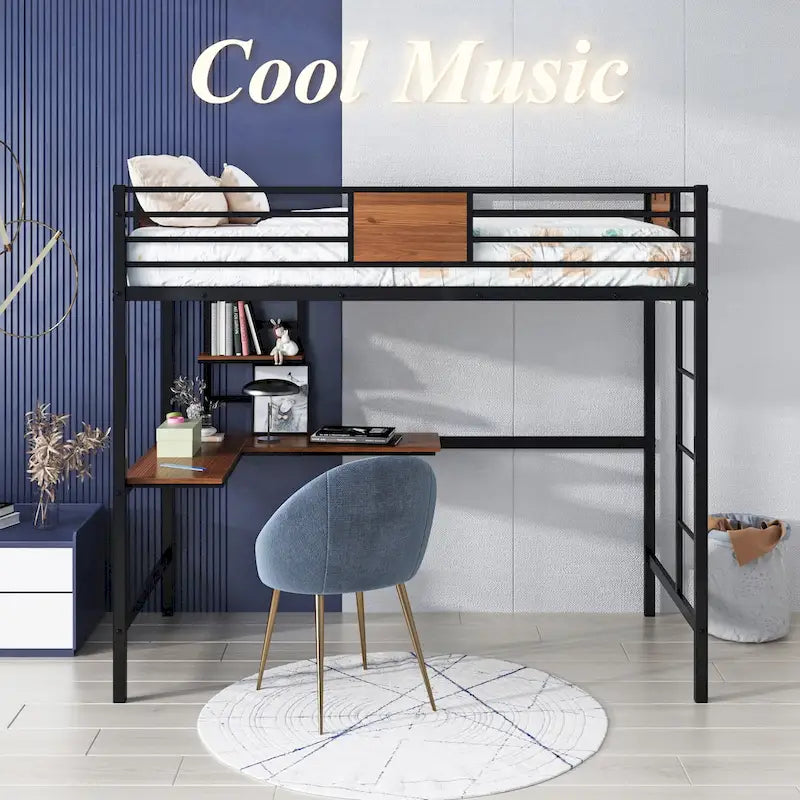 Lit mezzanine simple en métal avec bureau et étagère