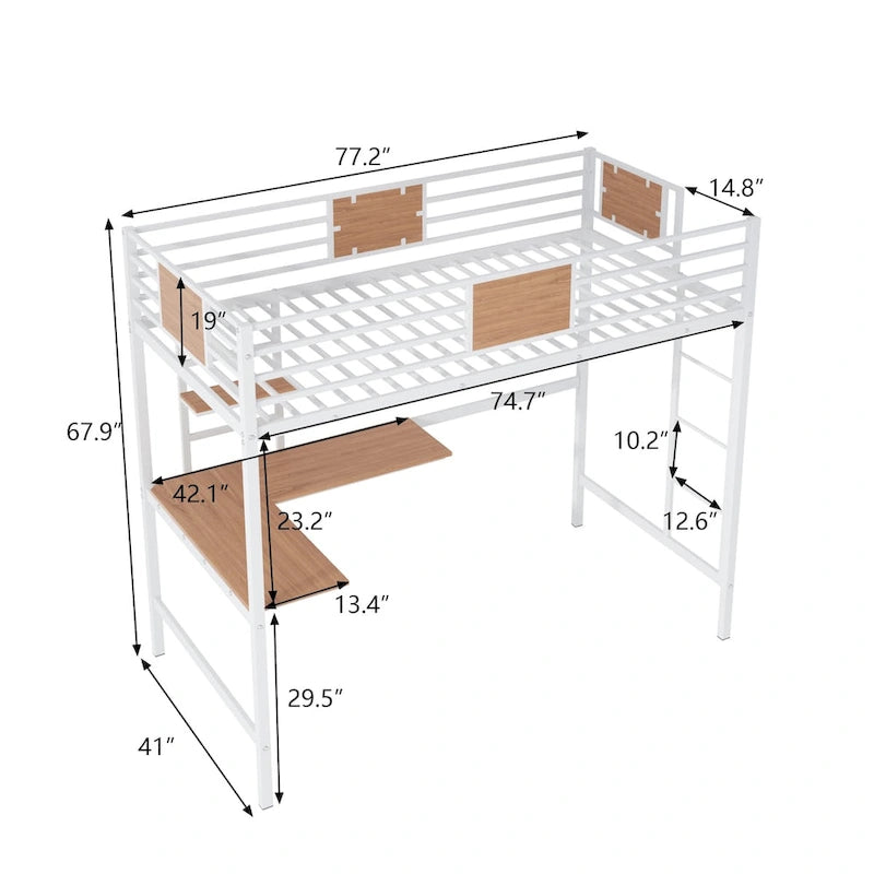 Lit mezzanine simple en métal avec bureau et étagère
