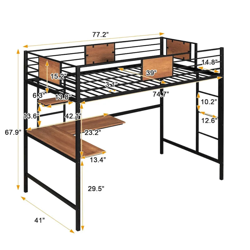 Lit mezzanine simple en métal avec bureau et étagère