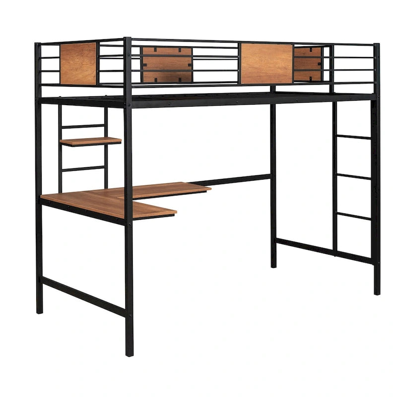Lit mezzanine simple en métal avec bureau et étagère