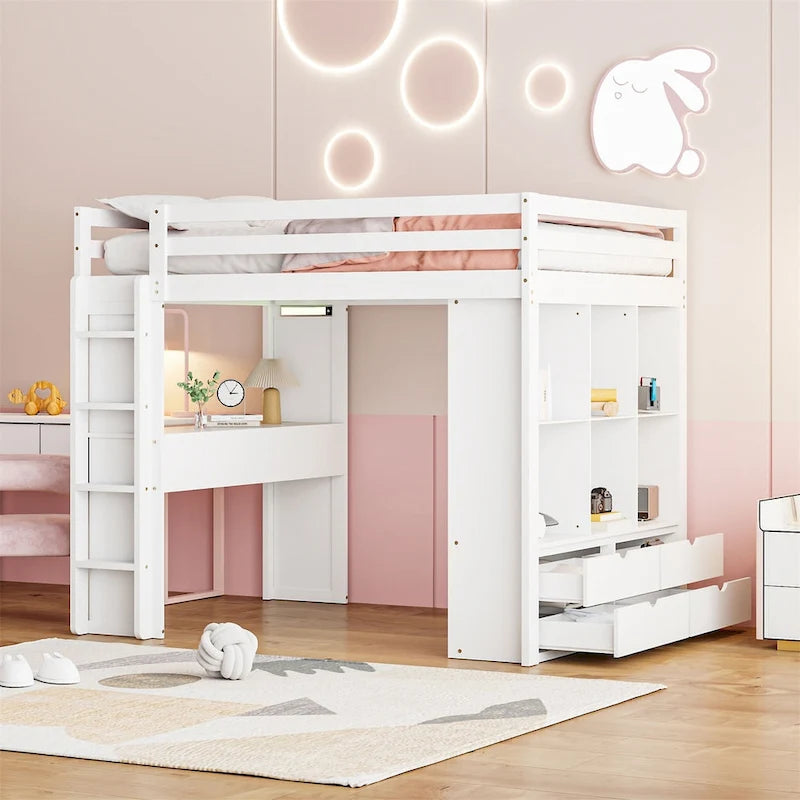 Lit mezzanine avec grandes étagères, bureau et éclairage LED