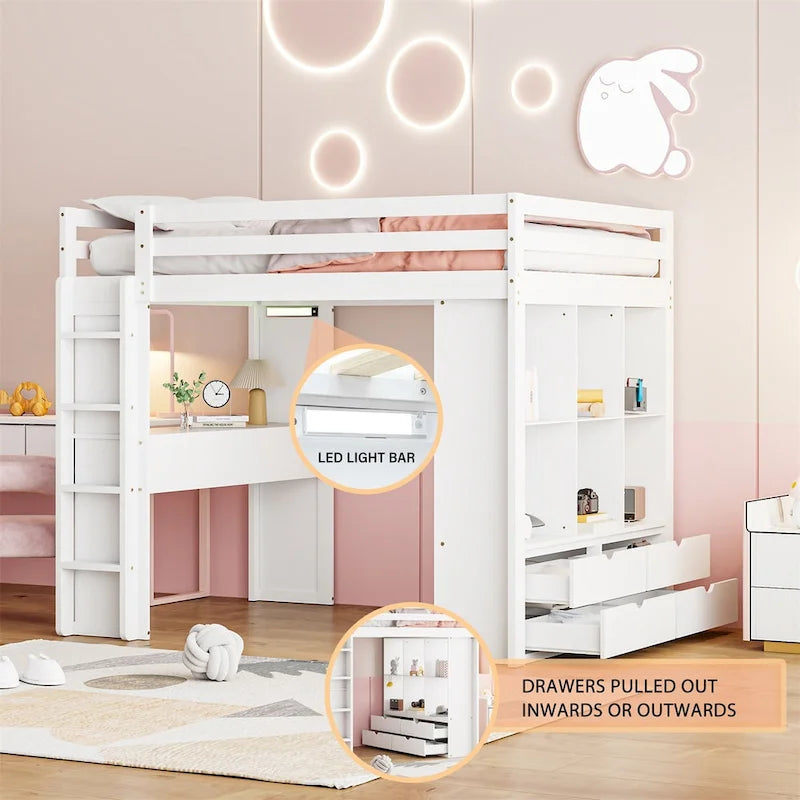 Lit mezzanine avec grandes étagères, bureau et éclairage LED