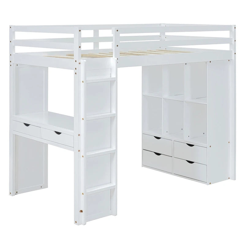Lit mezzanine avec grandes étagères, bureau et éclairage LED