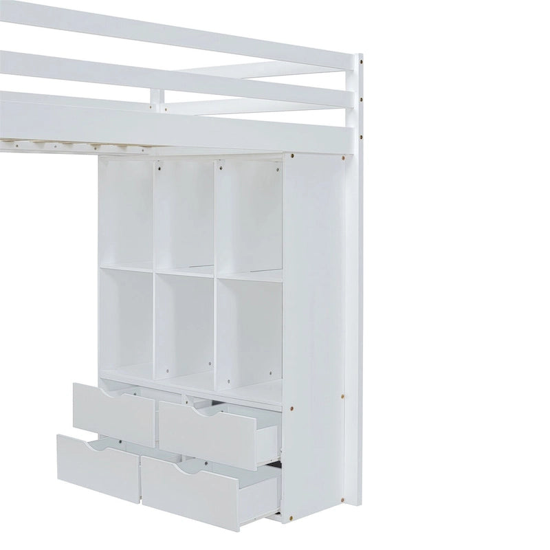 Loft Bed with Large Shelves, Writing Desk and LED Light