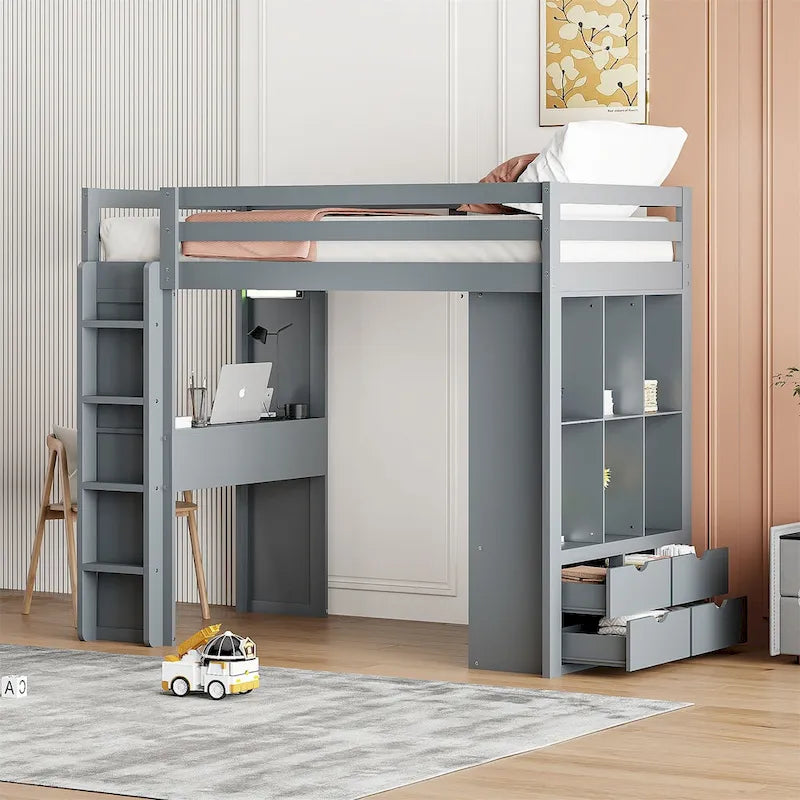 Lit mezzanine avec grandes étagères, bureau et éclairage LED