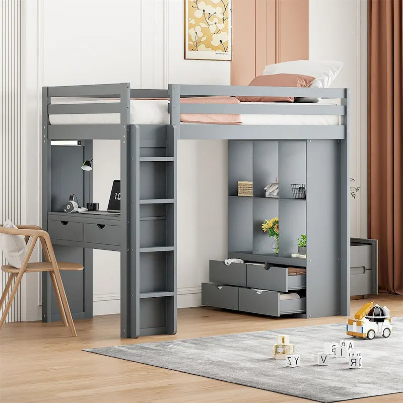 Lit mezzanine avec grandes étagères, bureau et éclairage LED