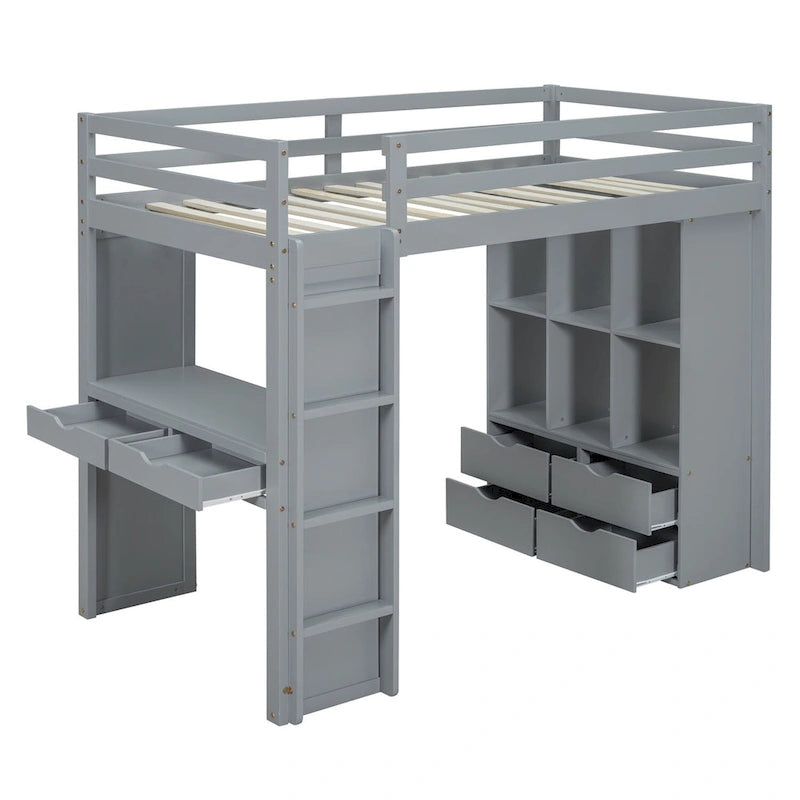 Lit mezzanine avec grandes étagères, bureau et éclairage LED