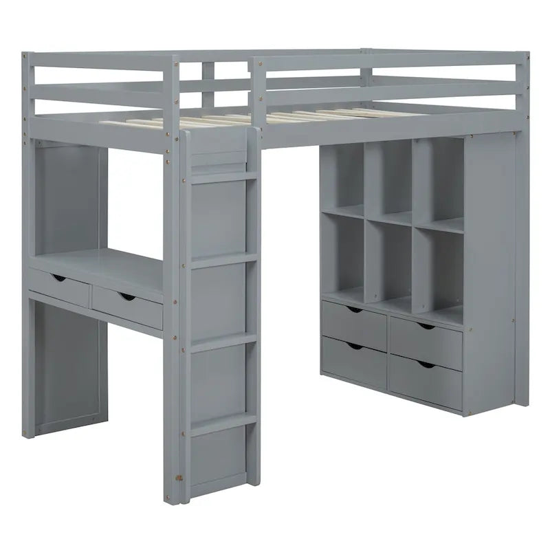 Lit mezzanine avec grandes étagères, bureau et éclairage LED