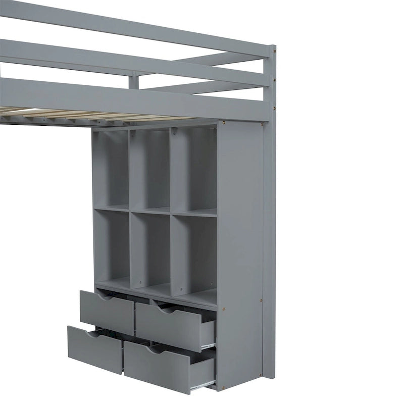 Lit mezzanine avec grandes étagères, bureau et éclairage LED
