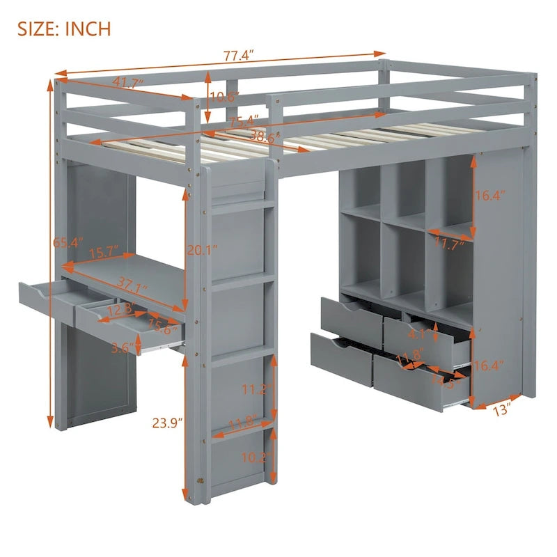 Lit mezzanine avec grandes étagères, bureau et éclairage LED