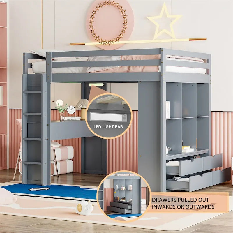 Lit mezzanine avec grandes étagères, bureau et éclairage LED