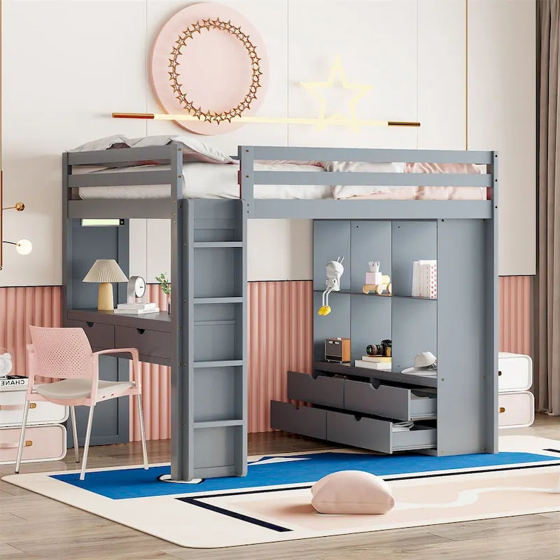 Lit mezzanine avec grandes étagères, bureau et éclairage LED