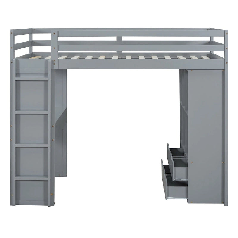 Lit mezzanine avec grandes étagères, bureau et éclairage LED
