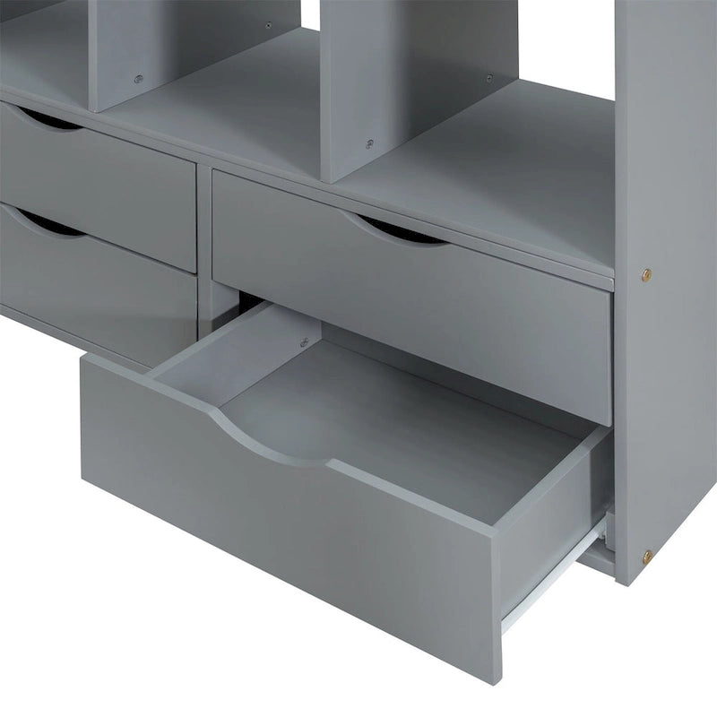 Lit mezzanine avec grandes étagères, bureau et éclairage LED