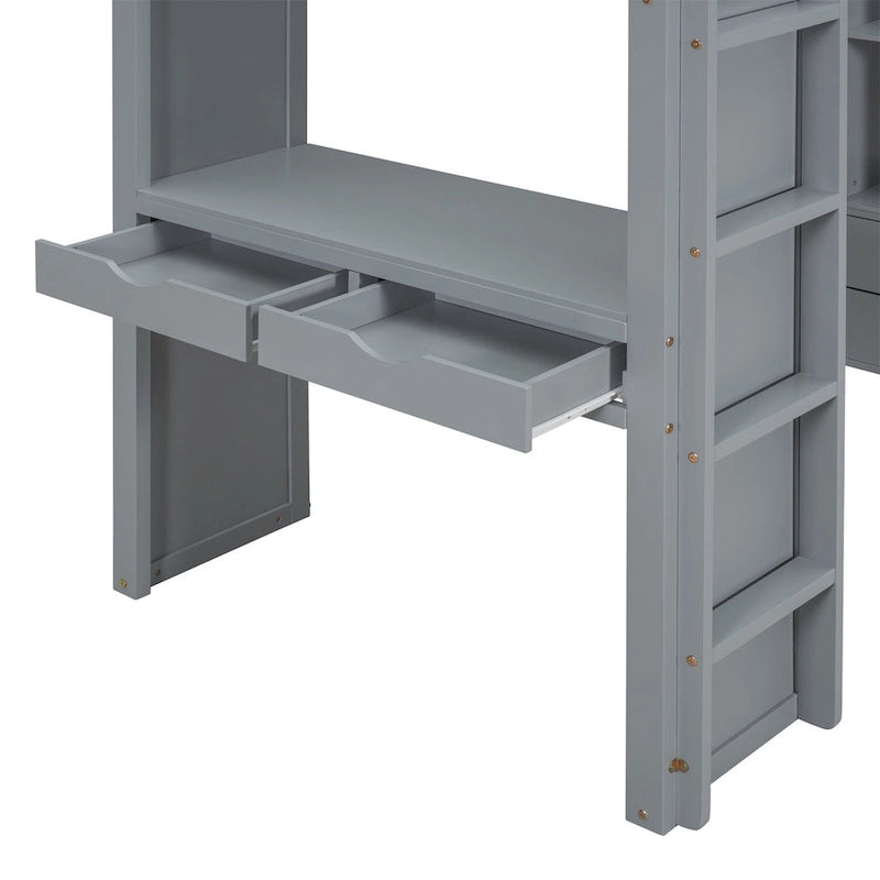 Lit mezzanine avec grandes étagères, bureau et éclairage LED