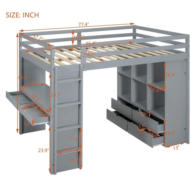Lit mezzanine avec grandes étagères, bureau et éclairage LED