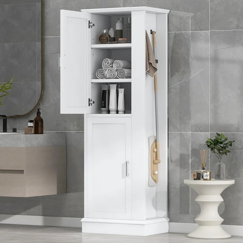 Armoire haute de rangement pour salle de bains, armoire indépendante avec crochet et étagère réglable, panneau MDF, blanche