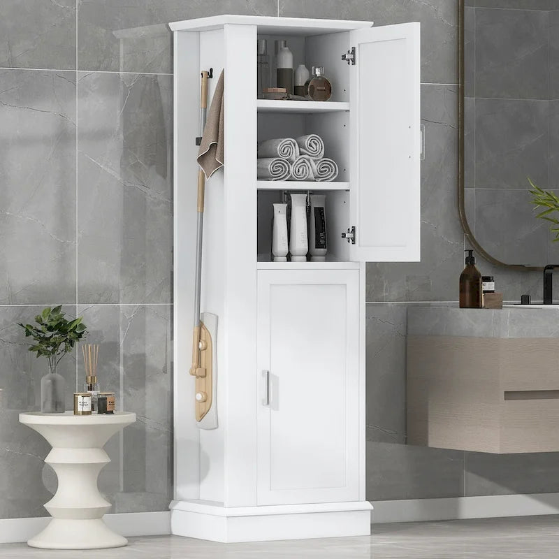 Armoire haute de rangement pour salle de bains, armoire indépendante avec crochet et étagère réglable, panneau MDF, blanche
