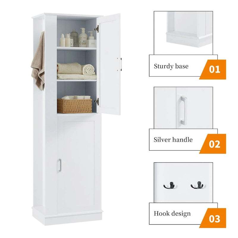 Armoire haute de rangement pour salle de bains, armoire indépendante avec crochet et étagère réglable, panneau MDF, blanche