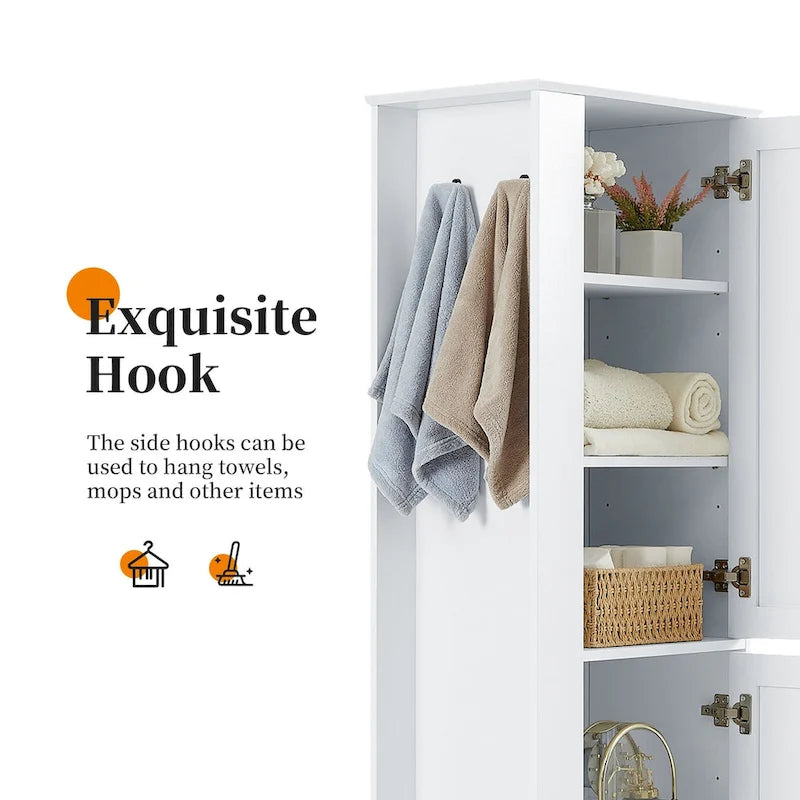 Armoire haute de rangement pour salle de bains, armoire indépendante avec crochet et étagère réglable, panneau MDF, blanche