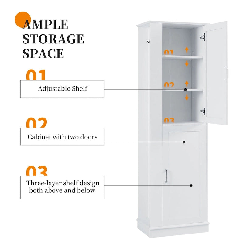 Armoire haute de rangement pour salle de bains, armoire indépendante avec crochet et étagère réglable, panneau MDF, blanche