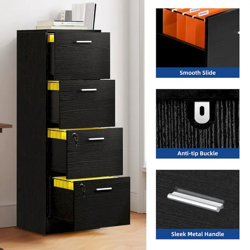 15" Deep Vertical 4-Drawer File Cabinet with Lock - Letter/A4 Size