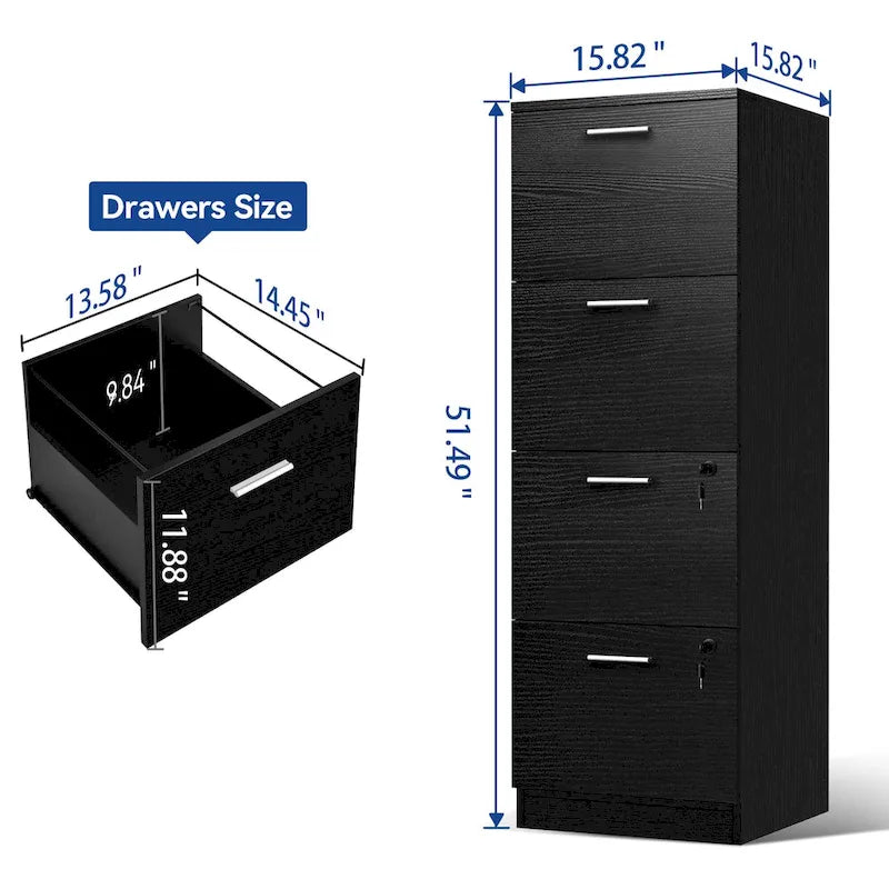 15" Deep Vertical 4-Drawer File Cabinet with Lock - Letter/A4 Size