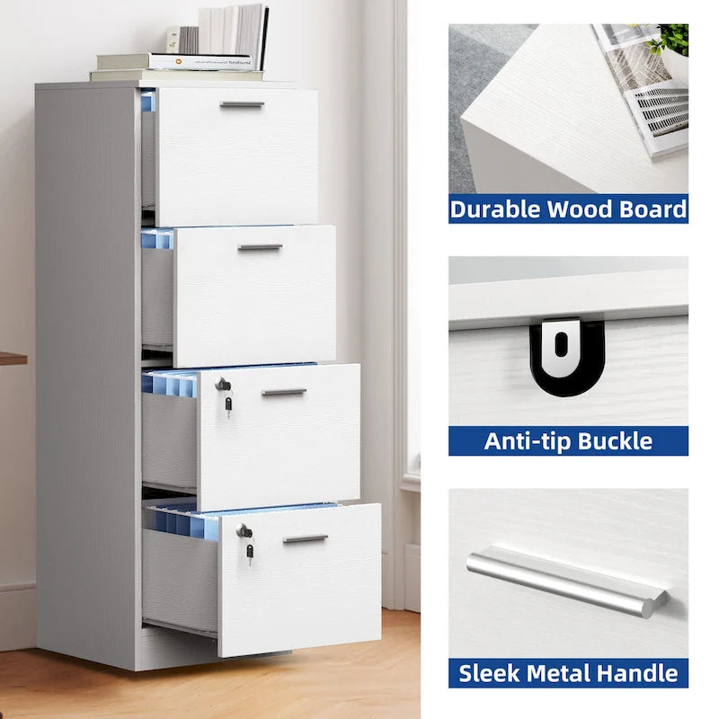 15" Deep Vertical 4-Drawer File Cabinet with Lock - Letter/A4 Size